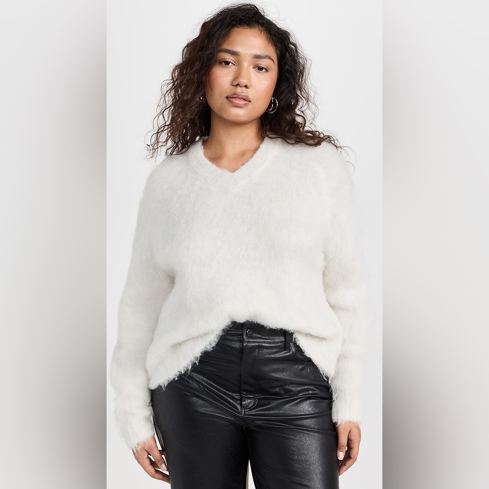 Madewell Ivory Brushed Fuzzy V-Neck Wool-Alpaca Blend Pullover Sweater Sz M - Picture 2 of 13